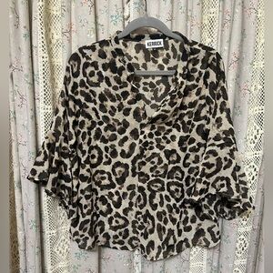 Kerrick Leopard Print Semi-sheer V-neck Bell Sleeve Blouse Size Medium